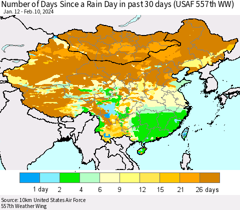 China, Mongolia and Taiwan Number of Days Since a Rain Day in past 30 days (USAF 557th WW) Thematic Map For 2/6/2024 - 2/10/2024