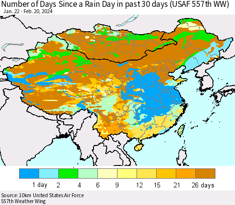 China, Mongolia and Taiwan Number of Days Since a Rain Day in past 30 days (USAF 557th WW) Thematic Map For 2/16/2024 - 2/20/2024