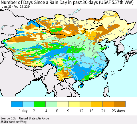 China, Mongolia and Taiwan Number of Days Since a Rain Day in past 30 days (USAF 557th WW) Thematic Map For 2/21/2024 - 2/25/2024