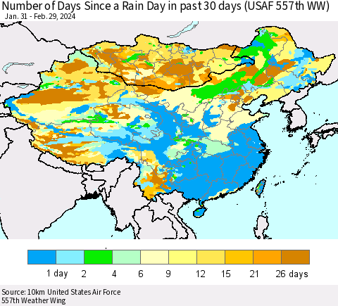 China, Mongolia and Taiwan Number of Days Since a Rain Day in past 30 days (USAF 557th WW) Thematic Map For 2/26/2024 - 2/29/2024