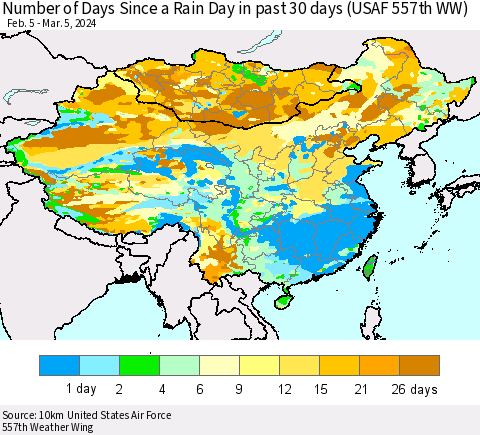 China, Mongolia and Taiwan Number of Days Since a Rain Day in past 30 days (USAF 557th WW) Thematic Map For 3/1/2024 - 3/5/2024
