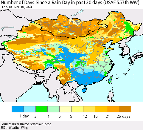 China, Mongolia and Taiwan Number of Days Since a Rain Day in past 30 days (USAF 557th WW) Thematic Map For 3/6/2024 - 3/10/2024