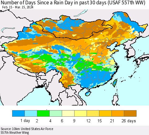 China, Mongolia and Taiwan Number of Days Since a Rain Day in past 30 days (USAF 557th WW) Thematic Map For 3/11/2024 - 3/15/2024