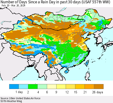 China, Mongolia and Taiwan Number of Days Since a Rain Day in past 30 days (USAF 557th WW) Thematic Map For 3/16/2024 - 3/20/2024