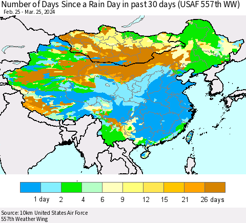 China, Mongolia and Taiwan Number of Days Since a Rain Day in past 30 days (USAF 557th WW) Thematic Map For 3/21/2024 - 3/25/2024
