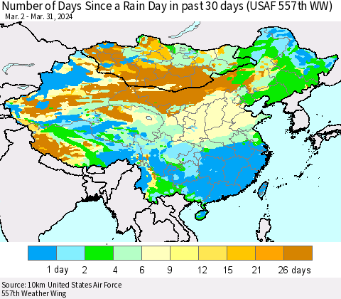 China, Mongolia and Taiwan Number of Days Since a Rain Day in past 30 days (USAF 557th WW) Thematic Map For 3/26/2024 - 3/31/2024