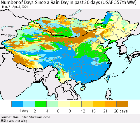 China, Mongolia and Taiwan Number of Days Since a Rain Day in past 30 days (USAF 557th WW) Thematic Map For 4/1/2024 - 4/5/2024