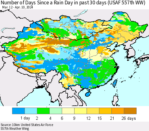 China, Mongolia and Taiwan Number of Days Since a Rain Day in past 30 days (USAF 557th WW) Thematic Map For 4/6/2024 - 4/10/2024