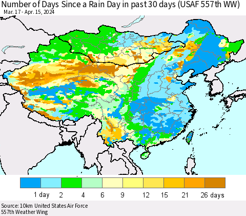 China, Mongolia and Taiwan Number of Days Since a Rain Day in past 30 days (USAF 557th WW) Thematic Map For 4/11/2024 - 4/15/2024