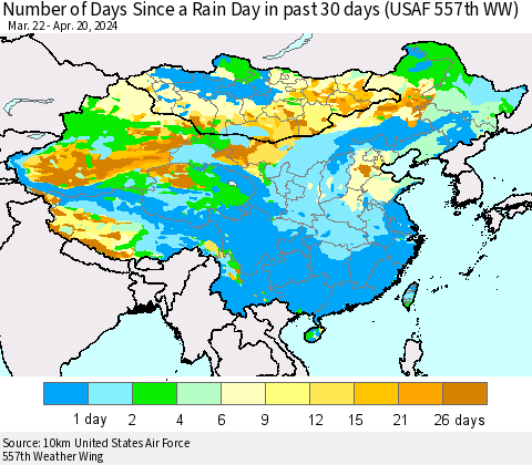 China, Mongolia and Taiwan Number of Days Since a Rain Day in past 30 days (USAF 557th WW) Thematic Map For 4/16/2024 - 4/20/2024