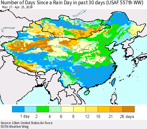 China, Mongolia and Taiwan Number of Days Since a Rain Day in past 30 days (USAF 557th WW) Thematic Map For 4/21/2024 - 4/25/2024