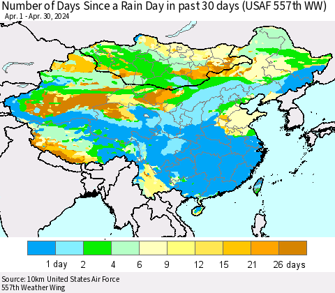 China, Mongolia and Taiwan Number of Days Since a Rain Day in past 30 days (USAF 557th WW) Thematic Map For 4/26/2024 - 4/30/2024