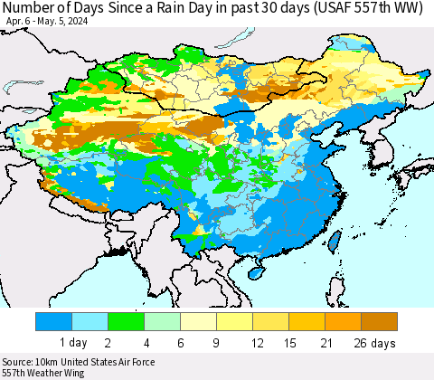 China, Mongolia and Taiwan Number of Days Since a Rain Day in past 30 days (USAF 557th WW) Thematic Map For 5/1/2024 - 5/5/2024