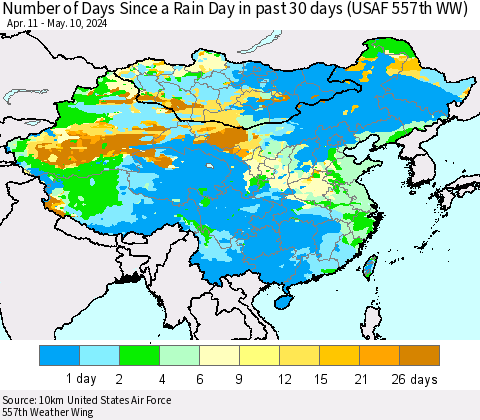 China, Mongolia and Taiwan Number of Days Since a Rain Day in past 30 days (USAF 557th WW) Thematic Map For 5/6/2024 - 5/10/2024