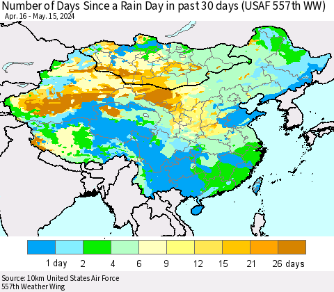 China, Mongolia and Taiwan Number of Days Since a Rain Day in past 30 days (USAF 557th WW) Thematic Map For 5/11/2024 - 5/15/2024