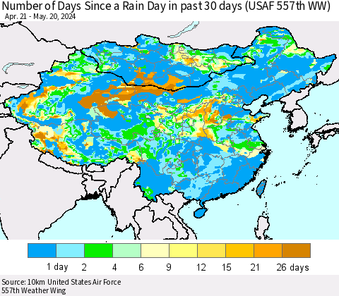 China, Mongolia and Taiwan Number of Days Since a Rain Day in past 30 days (USAF 557th WW) Thematic Map For 5/16/2024 - 5/20/2024
