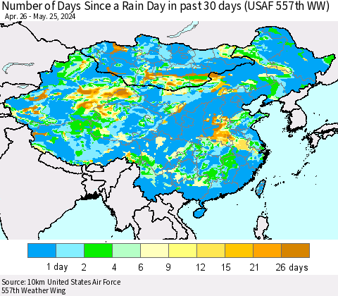 China, Mongolia and Taiwan Number of Days Since a Rain Day in past 30 days (USAF 557th WW) Thematic Map For 5/21/2024 - 5/25/2024