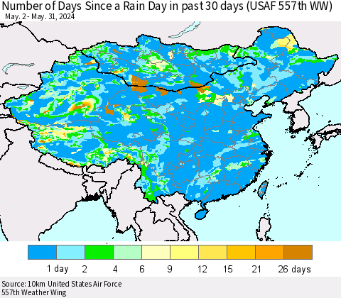 China, Mongolia and Taiwan Number of Days Since a Rain Day in past 30 days (USAF 557th WW) Thematic Map For 5/26/2024 - 5/31/2024