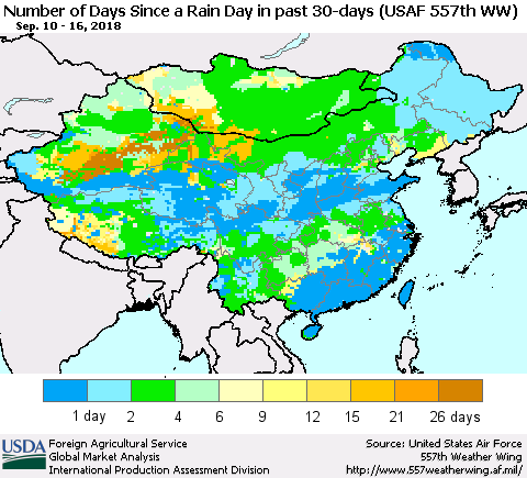 China and Taiwan Number of Days Since a Rain Day in past 30 days (USAF 557th WW) Thematic Map For 9/10/2018 - 9/16/2018