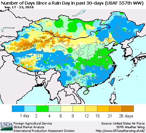 China and Taiwan Number of Days Since a Rain Day in past 30 days (USAF 557th WW) Thematic Map For 9/17/2018 - 9/23/2018