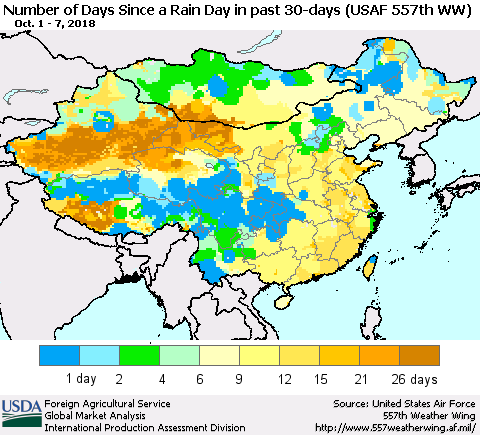 China and Taiwan Number of Days Since a Rain Day in past 30 days (USAF 557th WW) Thematic Map For 10/1/2018 - 10/7/2018