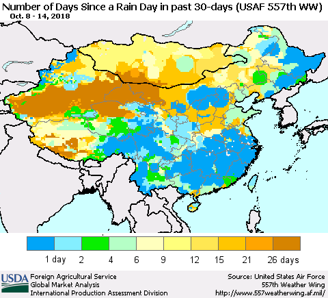 China and Taiwan Number of Days Since a Rain Day in past 30 days (USAF 557th WW) Thematic Map For 10/8/2018 - 10/14/2018