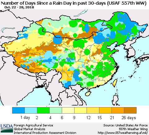 China and Taiwan Number of Days Since a Rain Day in past 30 days (USAF 557th WW) Thematic Map For 10/22/2018 - 10/28/2018