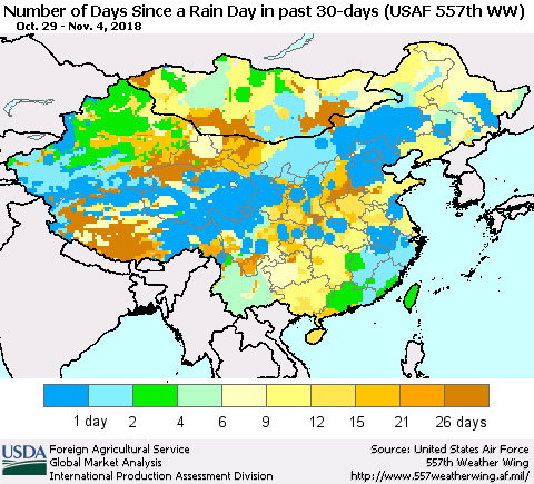 China and Taiwan Number of Days Since a Rain Day in past 30 days (USAF 557th WW) Thematic Map For 10/29/2018 - 11/4/2018