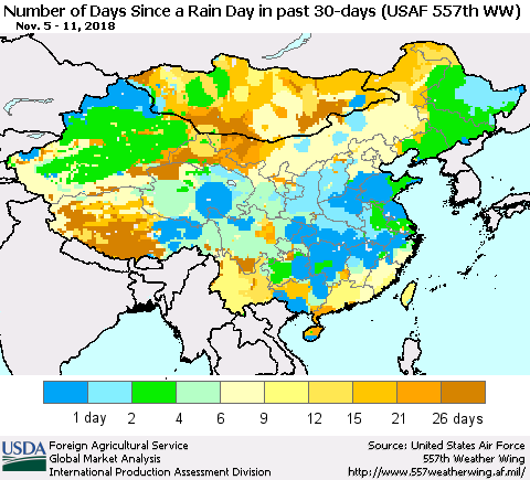 China and Taiwan Number of Days Since a Rain Day in past 30 days (USAF 557th WW) Thematic Map For 11/5/2018 - 11/11/2018