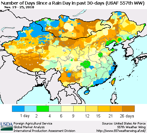 China and Taiwan Number of Days Since a Rain Day in past 30 days (USAF 557th WW) Thematic Map For 11/19/2018 - 11/25/2018