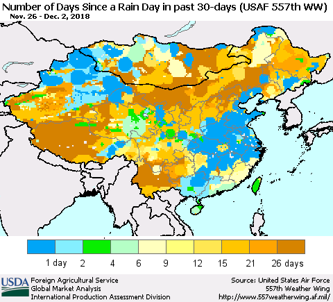 China and Taiwan Number of Days Since a Rain Day in past 30 days (USAF 557th WW) Thematic Map For 11/26/2018 - 12/2/2018