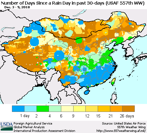 China and Taiwan Number of Days Since a Rain Day in past 30 days (USAF 557th WW) Thematic Map For 12/3/2018 - 12/9/2018