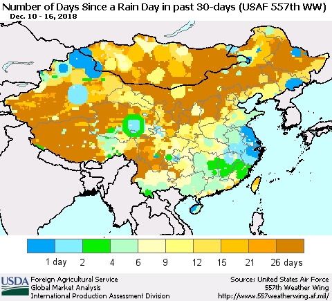 China and Taiwan Number of Days Since a Rain Day in past 30 days (USAF 557th WW) Thematic Map For 12/10/2018 - 12/16/2018