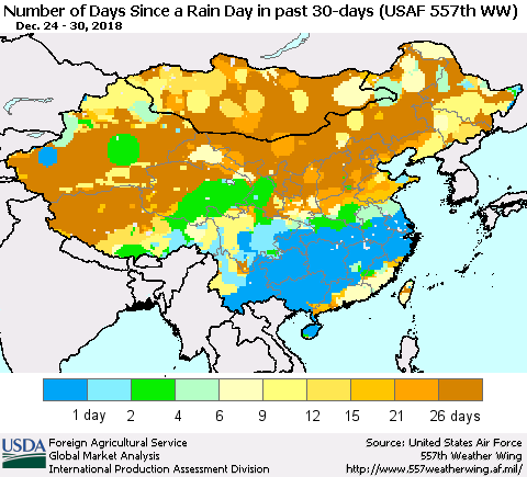 China and Taiwan Number of Days Since a Rain Day in past 30 days (USAF 557th WW) Thematic Map For 12/24/2018 - 12/30/2018