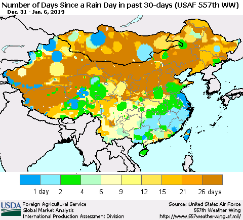 China and Taiwan Number of Days Since a Rain Day in past 30 days (USAF 557th WW) Thematic Map For 12/31/2018 - 1/6/2019