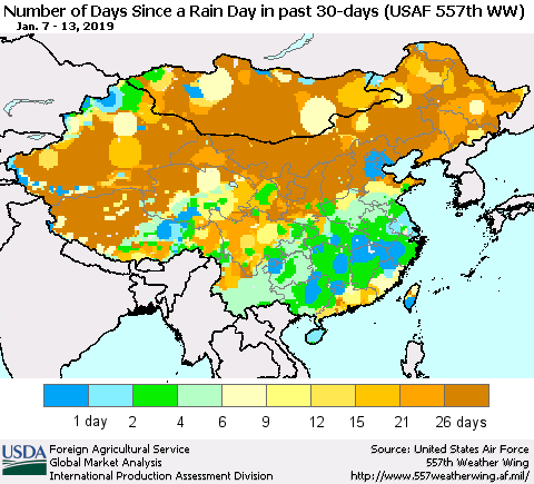 China and Taiwan Number of Days Since a Rain Day in past 30 days (USAF 557th WW) Thematic Map For 1/7/2019 - 1/13/2019