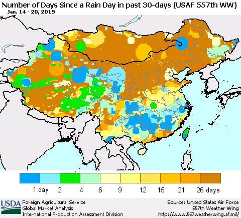 China and Taiwan Number of Days Since a Rain Day in past 30 days (USAF 557th WW) Thematic Map For 1/14/2019 - 1/20/2019