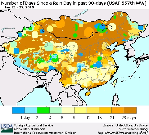 China and Taiwan Number of Days Since a Rain Day in past 30 days (USAF 557th WW) Thematic Map For 1/21/2019 - 1/27/2019