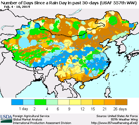 China and Taiwan Number of Days Since a Rain Day in past 30 days (USAF 557th WW) Thematic Map For 2/4/2019 - 2/10/2019