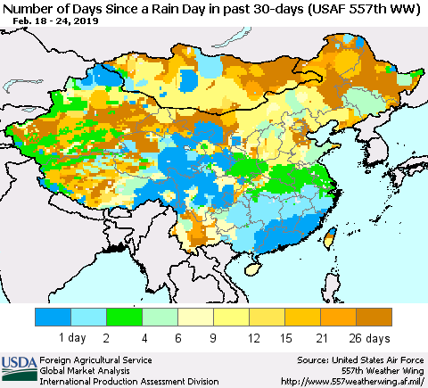 China and Taiwan Number of Days Since a Rain Day in past 30 days (USAF 557th WW) Thematic Map For 2/18/2019 - 2/24/2019