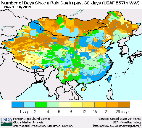 China and Taiwan Number of Days Since a Rain Day in past 30 days (USAF 557th WW) Thematic Map For 3/4/2019 - 3/10/2019