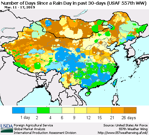 China and Taiwan Number of Days Since a Rain Day in past 30 days (USAF 557th WW) Thematic Map For 3/11/2019 - 3/17/2019