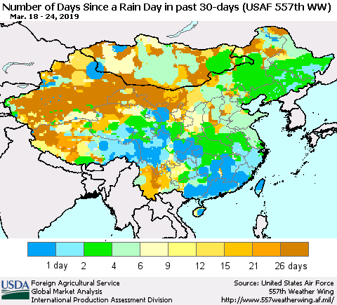 China and Taiwan Number of Days Since a Rain Day in past 30 days (USAF 557th WW) Thematic Map For 3/18/2019 - 3/24/2019