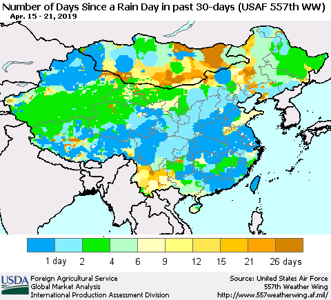China and Taiwan Number of Days Since a Rain Day in past 30 days (USAF 557th WW) Thematic Map For 4/15/2019 - 4/21/2019