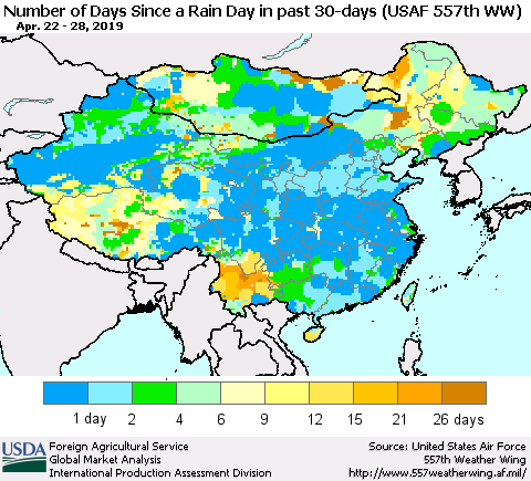 China and Taiwan Number of Days Since a Rain Day in past 30 days (USAF 557th WW) Thematic Map For 4/22/2019 - 4/28/2019