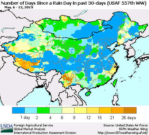 China and Taiwan Number of Days Since a Rain Day in past 30 days (USAF 557th WW) Thematic Map For 5/6/2019 - 5/12/2019