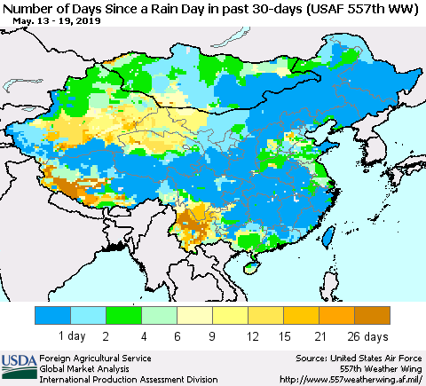 China and Taiwan Number of Days Since a Rain Day in past 30 days (USAF 557th WW) Thematic Map For 5/13/2019 - 5/19/2019
