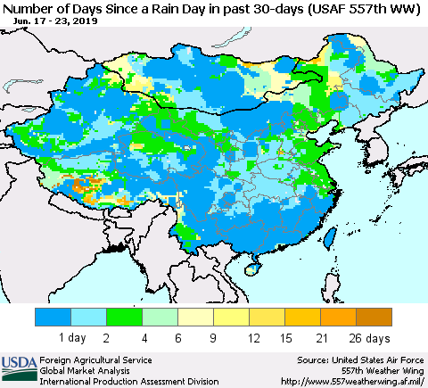 China and Taiwan Number of Days Since a Rain Day in past 30 days (USAF 557th WW) Thematic Map For 6/17/2019 - 6/23/2019