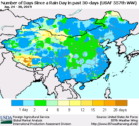 China and Taiwan Number of Days Since a Rain Day in past 30 days (USAF 557th WW) Thematic Map For 6/24/2019 - 6/30/2019