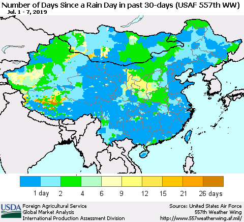 China and Taiwan Number of Days Since a Rain Day in past 30 days (USAF 557th WW) Thematic Map For 7/1/2019 - 7/7/2019